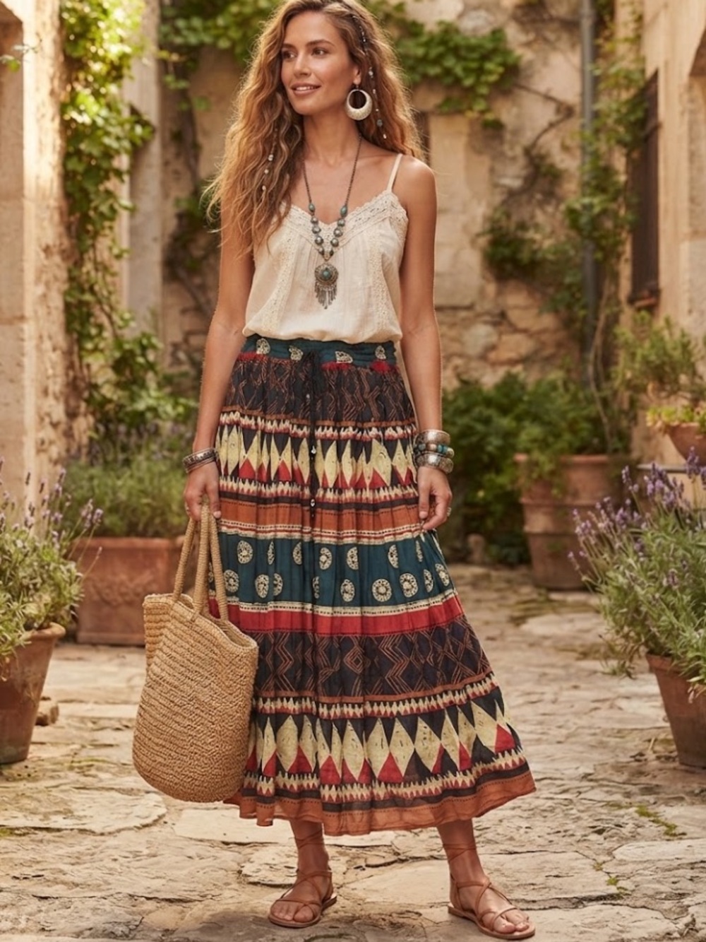 Vintage Short Circuit Made in India Cotton Maxi Skirt Aztec Boho Hippie L/XL